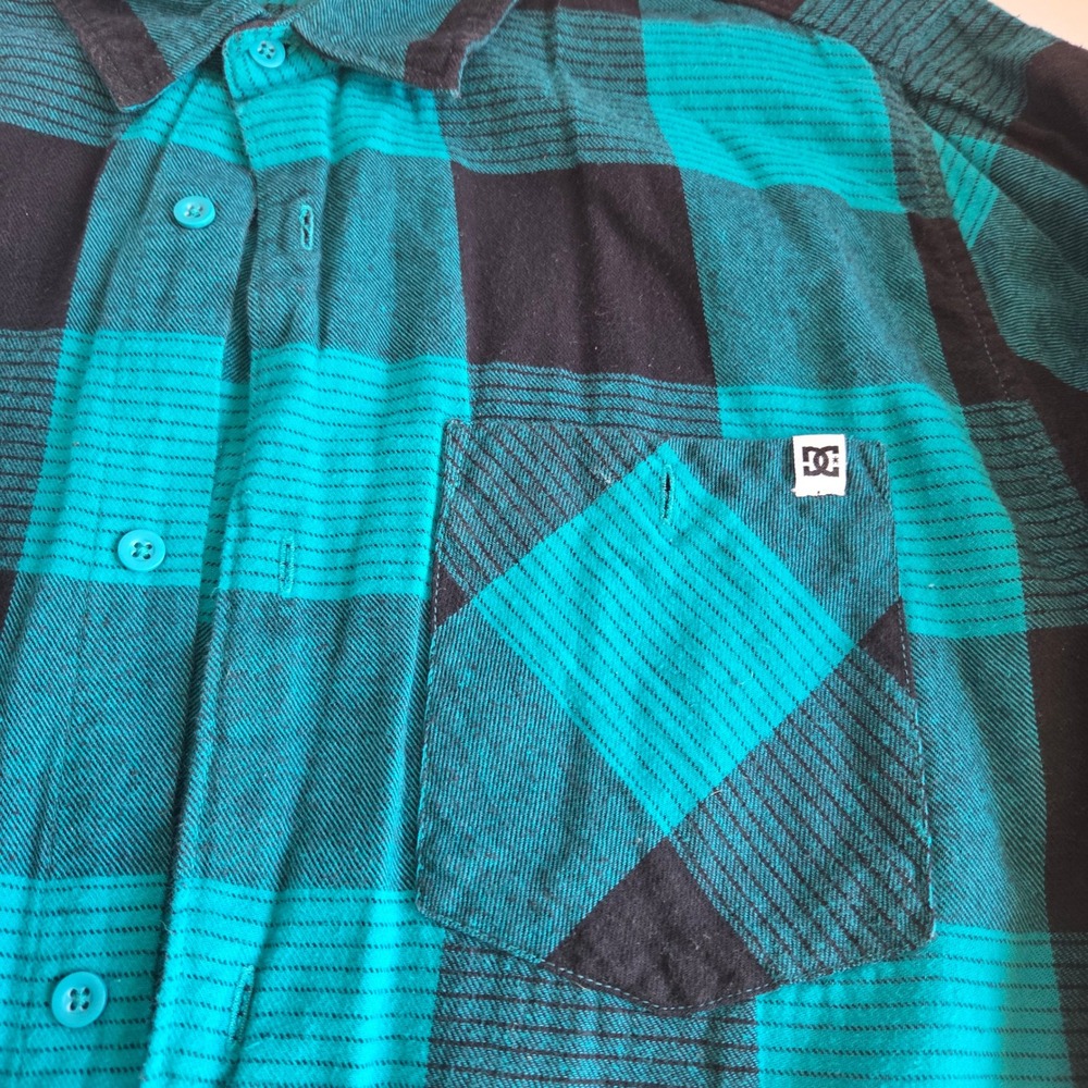 DC Shoes Mens XL Teal Black Buffalo Plaid Flannel Button Down Skate Shirt Y2K - Picture 2 of 6